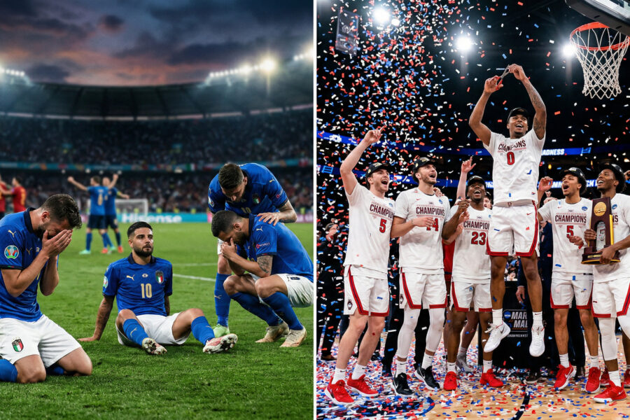 Sports collage showing Italian soccer players devastated after World Cup elimination and basketball players celebrating March Madness