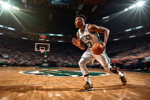 Boston Celtics player driving to the basket at TD Garden during 2026 NBA Playoffs Game 1