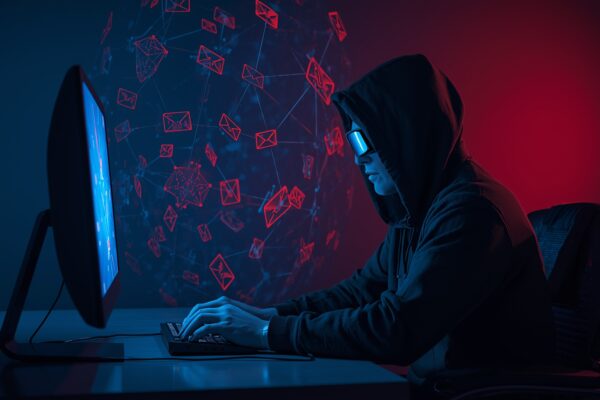 AI phishing attack cybersecurity concept with hacker and holographic warning emails