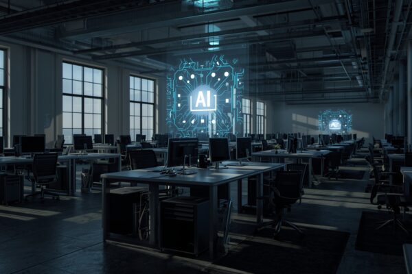 Empty modern tech office with AI holographic display representing AI replacing tech jobs in 2026