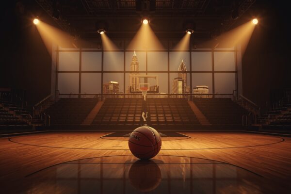 Basketball arena with dramatic spotlights and city skyline - WNBA Angel Reese Trade