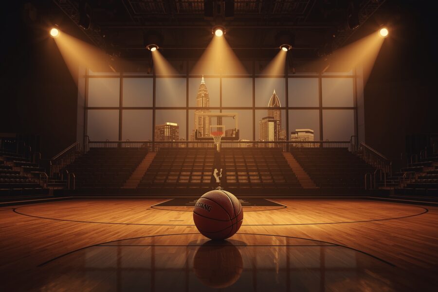 Basketball arena with dramatic spotlights and city skyline - WNBA Angel Reese Trade