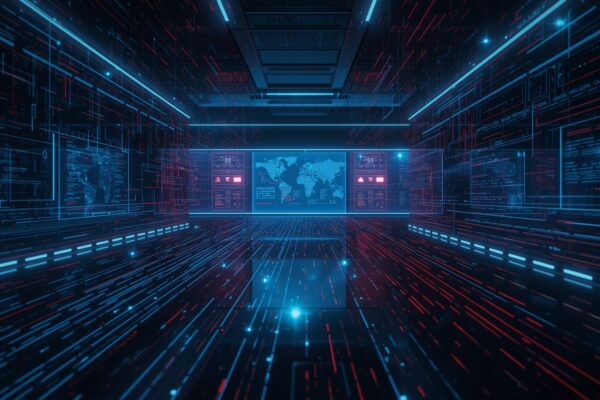Futuristic cybersecurity command center with holographic displays showing AI-detected vulnerabilities