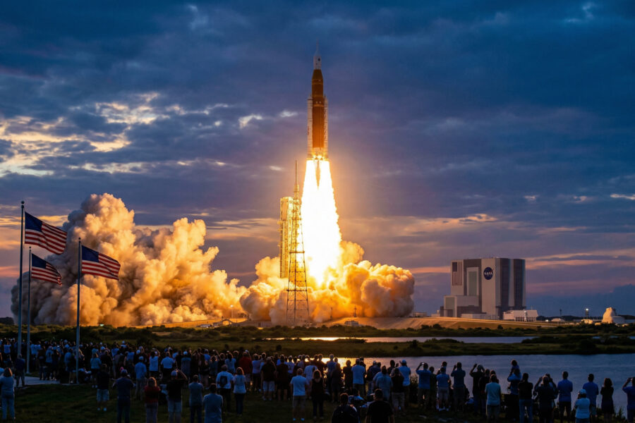 NASA SLS rocket launching from Kennedy Space Center for Artemis II mission