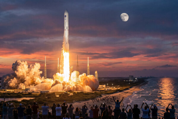 NASA Artemis II rocket launching from Kennedy Space Center at sunset with the Moon visible in the sky