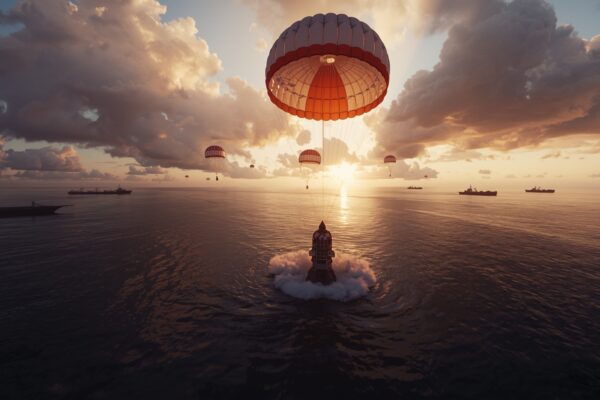 NASA Artemis II spacecraft capsule splashing down in the Pacific Ocean with parachutes at golden hour