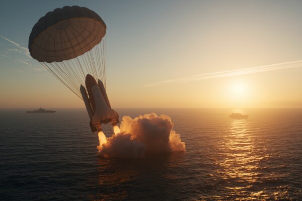 NASA Artemis II spacecraft capsule splashing down in the Pacific Ocean with parachutes deployed at sunset