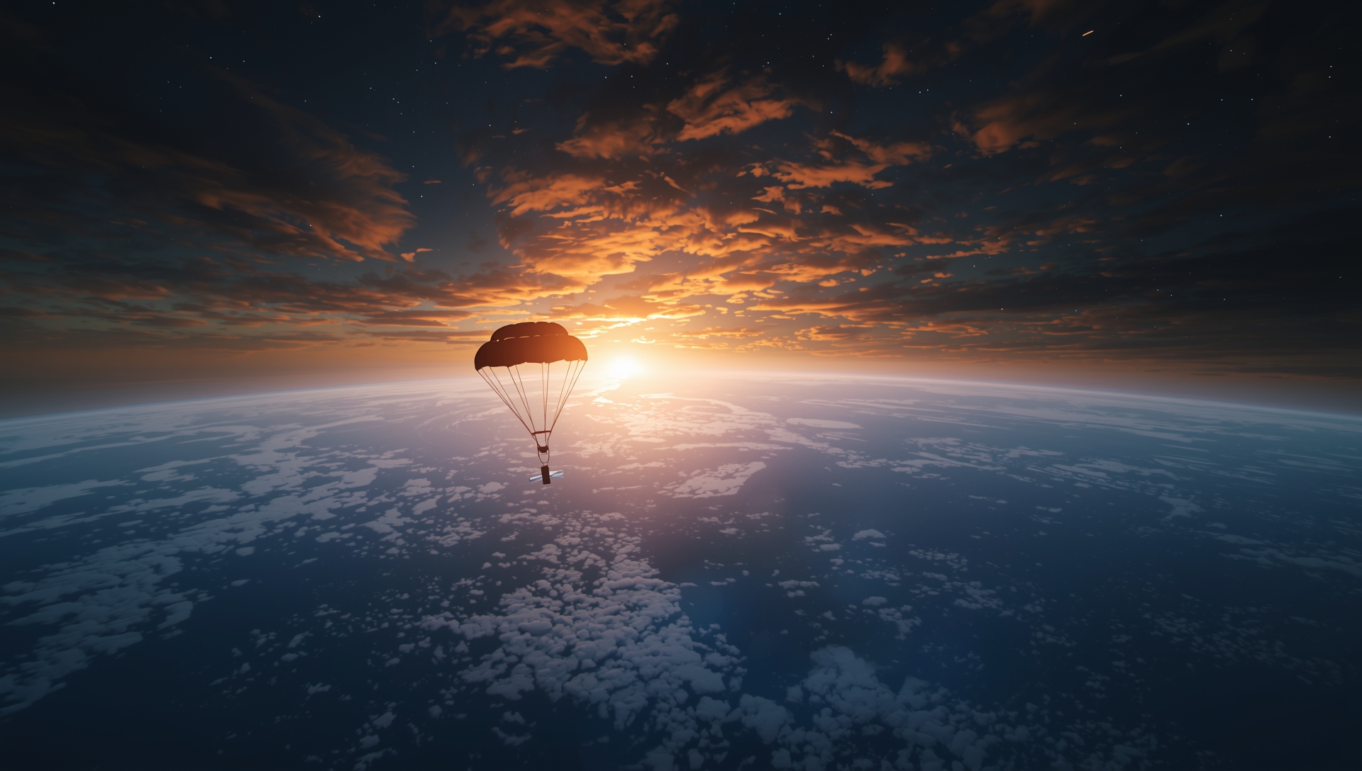 NASA Artemis II spacecraft capsule with parachutes descending toward the Pacific Ocean at sunset