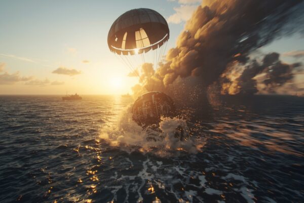 NASA Artemis II spacecraft capsule splashing down in the Pacific Ocean at sunset with parachutes