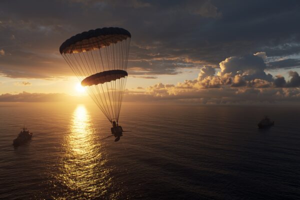 Orion spacecraft capsule splashing down in the Pacific Ocean at sunset with parachutes deployed
