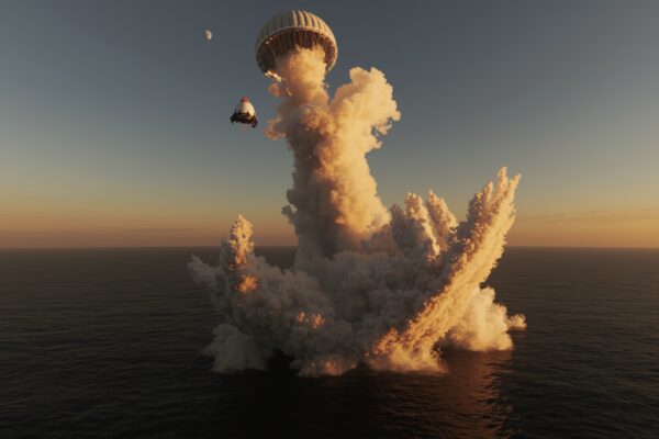 Artemis II spacecraft capsule splashing down in the Pacific Ocean after historic moon mission