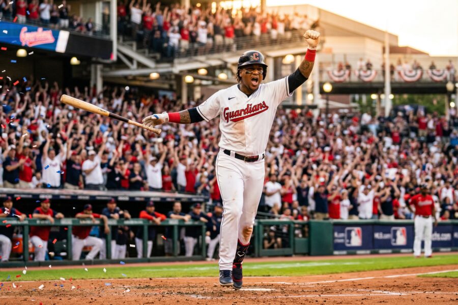 Young baseball player celebrating a home run in a packed stadium