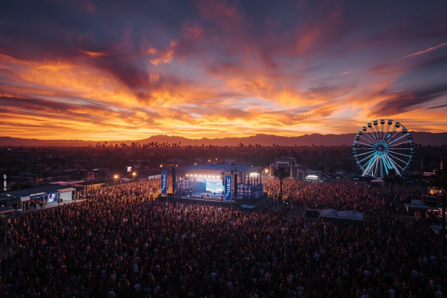 Aerial view of Coachella 2026 music festival at sunset with massive crowds, illuminated stages, and Ferris wheel in the California desert