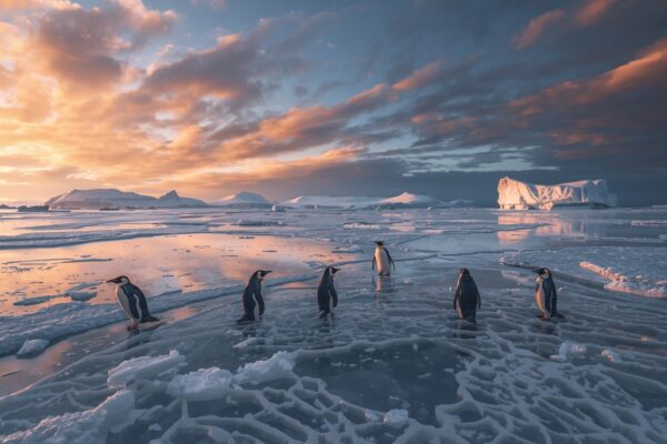Emperor penguins standing on cracking Antarctic sea ice at golden hour