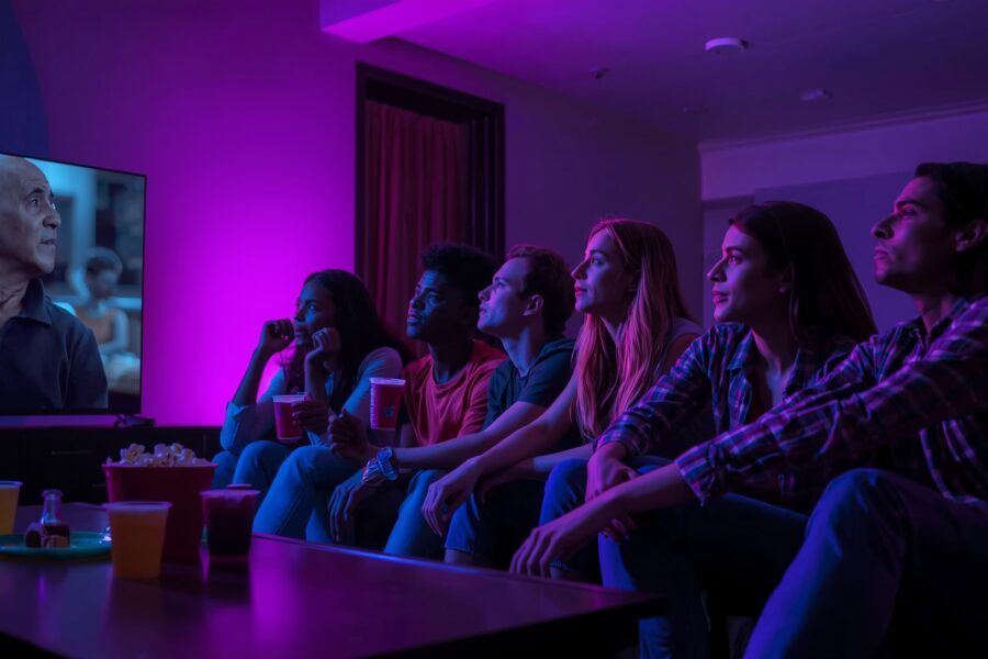 Young adults watching a dramatic TV show in a neon-lit living room
