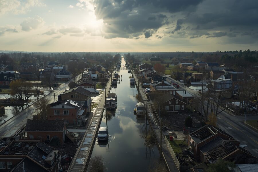 Aerial view of a small American town affected by flooding and natural disaster