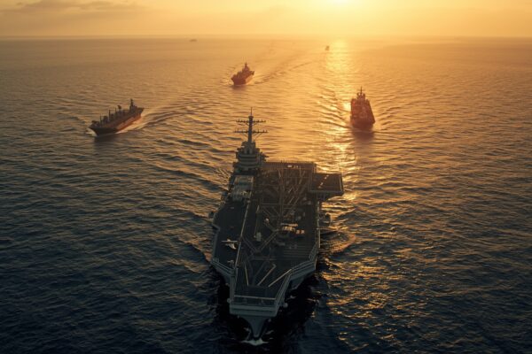 US Navy warships forming blockade at Strait of Hormuz at sunset