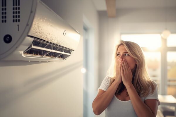 Woman covering her nose near a dusty air conditioning unit in a modern home