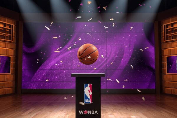 WNBA Draft stage in prime-time with spotlights and confetti