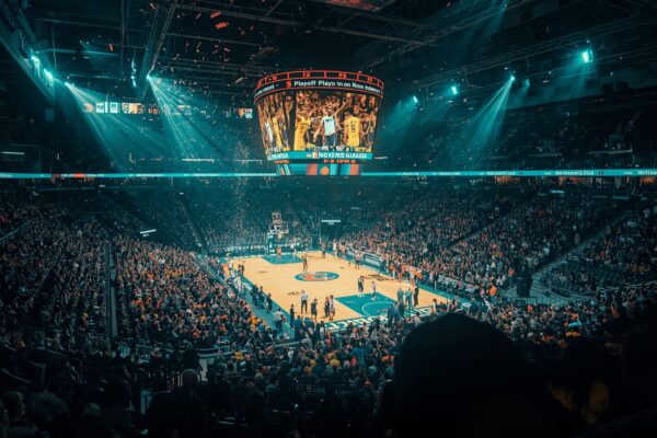 NBA arena confetti and spotlights celebrating a 3-point play-in game winner, dramatic editorial 2026 playoffs photograph