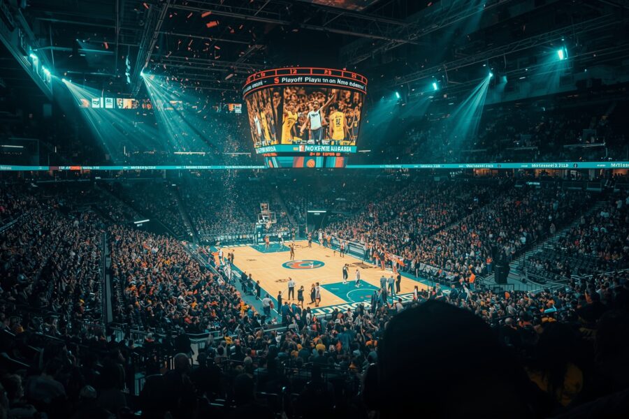 NBA arena confetti and spotlights celebrating a 3-point play-in game winner, dramatic editorial 2026 playoffs photograph