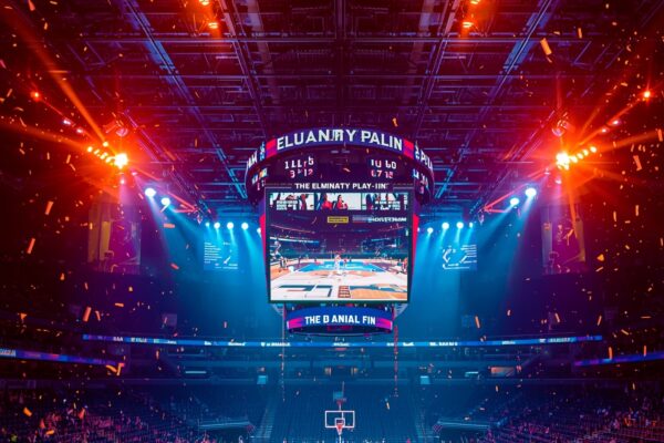 Vertical split sports scene NBA arena basketball confetti above and NHL ice rink below for April 17 2026 weekend sports preview