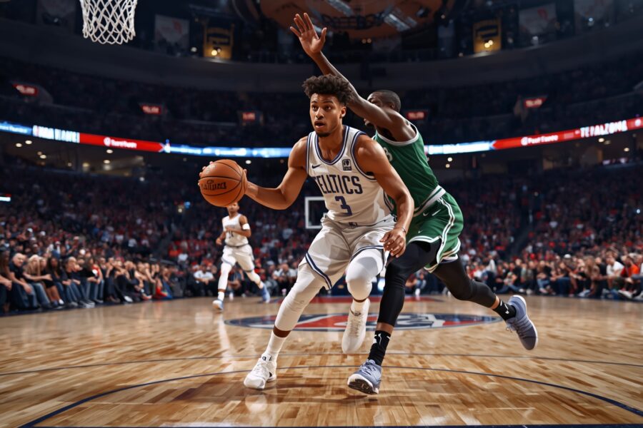 Boston Celtics player driving past Philadelphia 76ers defender during NBA Playoffs Game 3 at packed Wells Fargo Center