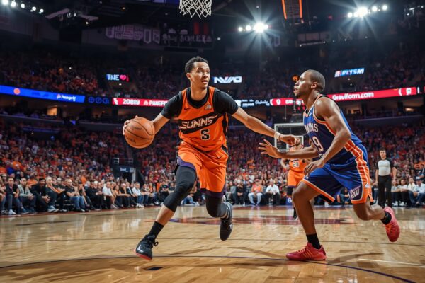 Phoenix Suns player drives toward the basket as Oklahoma City Thunder defender contests during NBA Playoff Round 1 Game 3 at Mortgage Matchup Center