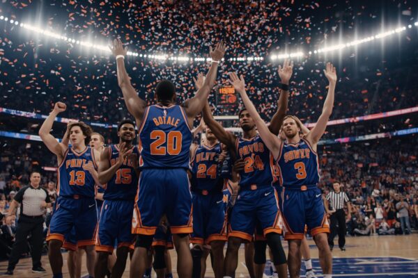 Photorealistic photo of an NBA arena celebration with players in blue uniforms raising arms under confetti, dramatic playoff series clinching moment