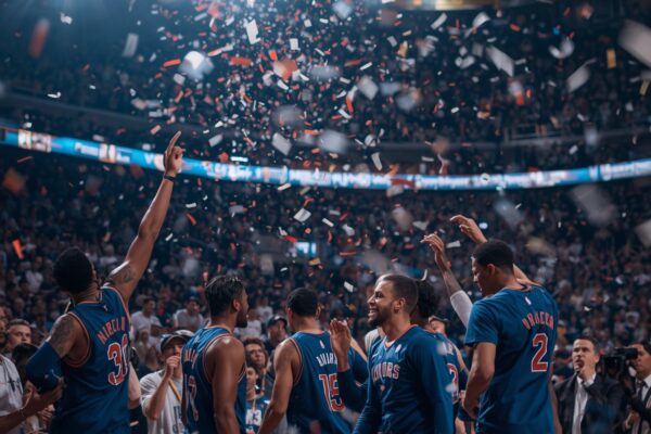 Tall Pinterest pin: NBA arena celebration confetti Thunder Suns playoff sweep