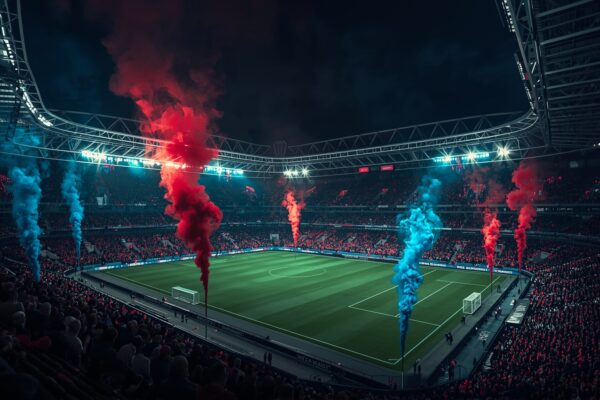 Barcelona Champions League elimination 2026 dramatic European soccer stadium at night with red and blue smoke flares
