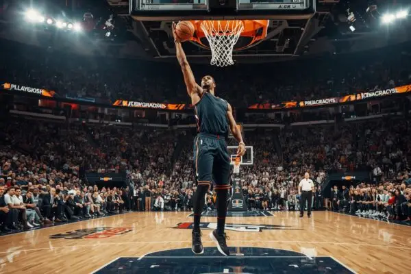 NBA playoffs basketball player rising up for a block at the rim in packed arena, photorealistic editorial sports photo