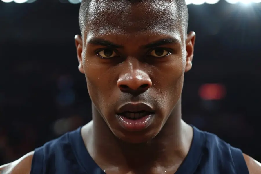 Close-up portrait of a focused NBA basketball player during a high-stakes playoff game, photorealistic editorial sports photo