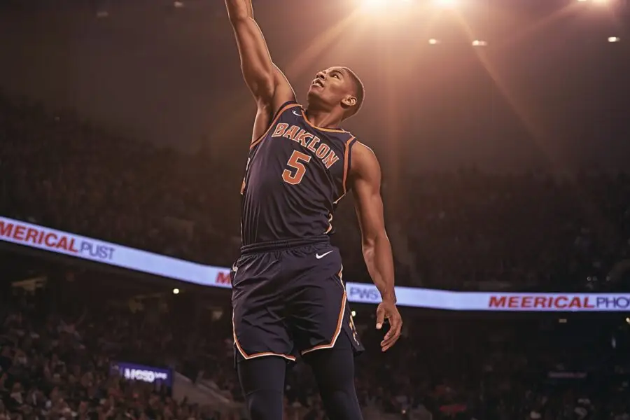 Low-angle vertical sports photograph of a basketball player rising for a block at the rim, photorealistic editorial