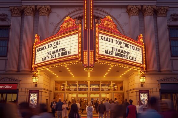 Vintage movie marquee glowing at twilight with crowd walking down red carpet