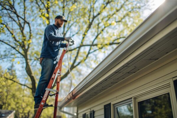 Homeowner on ladder cleaning rain gutters on suburban house during spring