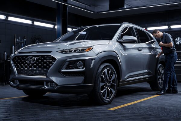 Hyundai SUV in dealership service bay with mechanic inspecting seat belt anchor