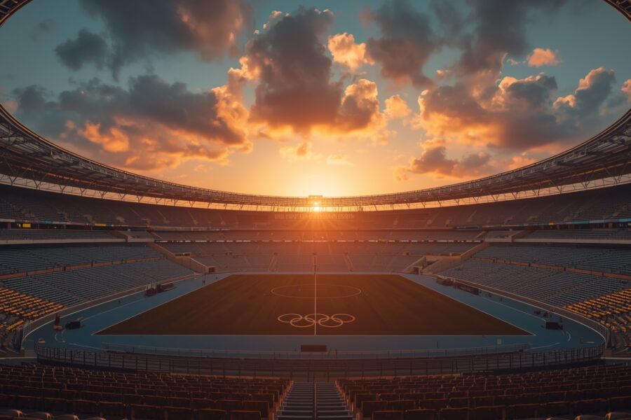 2028 Los Angeles Olympic Stadium at sunset with empty premium seats