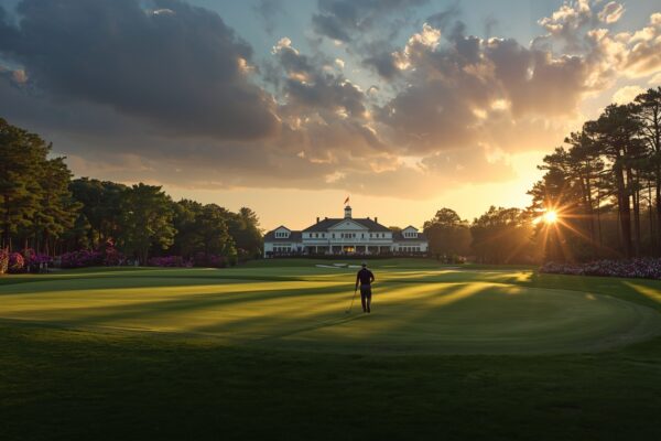 Golf course at Augusta National during the 2026 Masters Tournament at golden hour