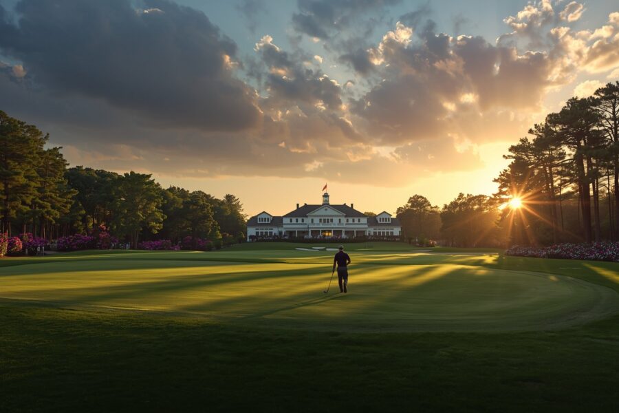 Golf course at Augusta National during the 2026 Masters Tournament at golden hour