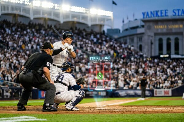Baseball umpire behind home plate with digital strike zone overlay at MLB stadium
