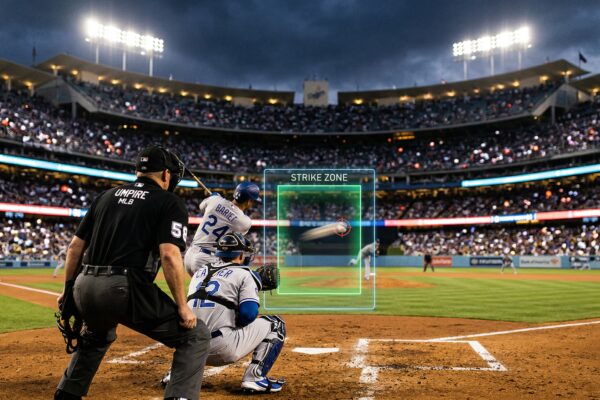 Baseball umpire behind home plate with digital strike zone overlay during MLB game