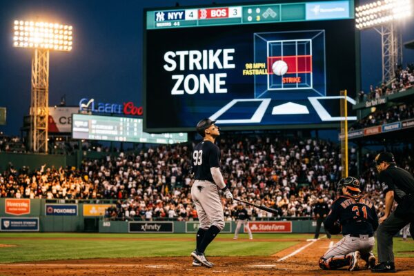 Baseball stadium at night with digital strike zone display on scoreboard during MLB game