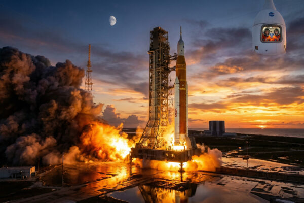 NASA SLS rocket launching from Kennedy Space Center for Artemis II moon mission