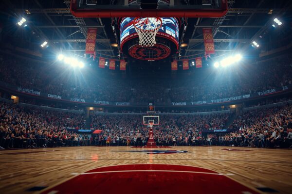 NBA play-in tournament 2026 basketball arena with packed crowd and dramatic playoff lighting