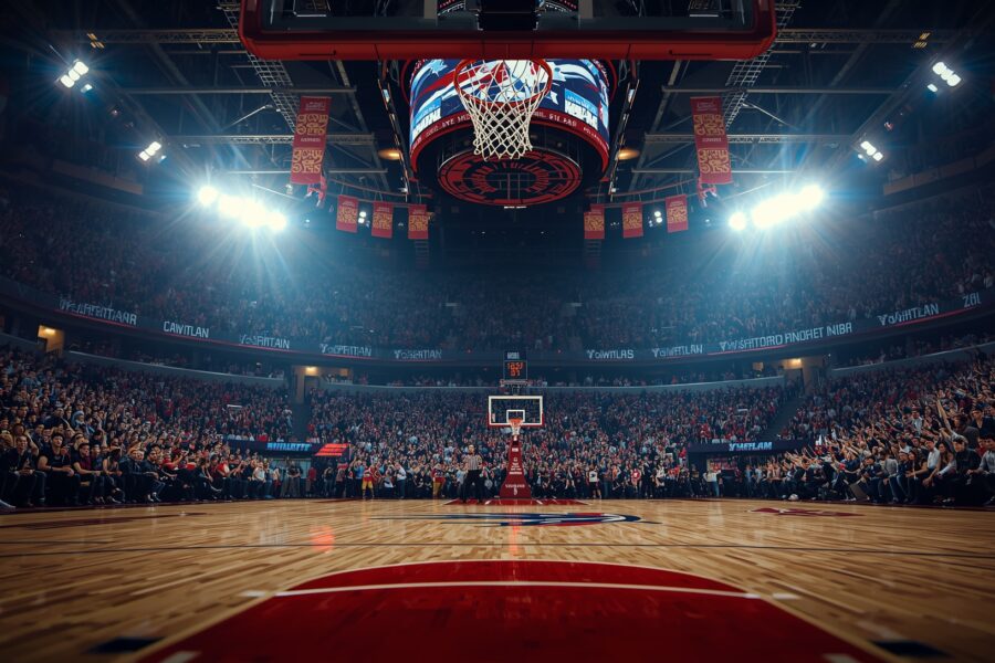 NBA play-in tournament 2026 basketball arena with packed crowd and dramatic playoff lighting