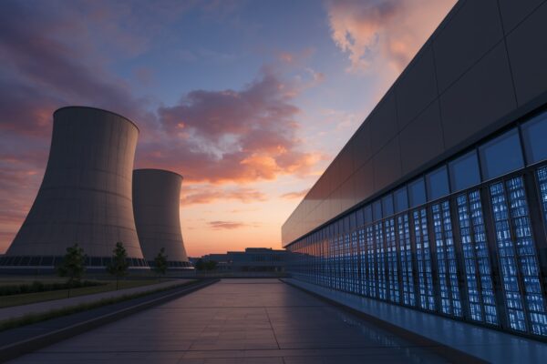 Futuristic nuclear power plant next to modern AI data center at twilight