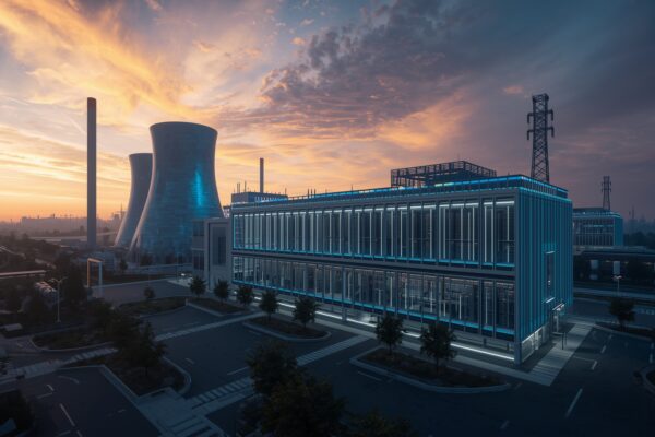 Futuristic nuclear power plant next to a modern AI data center complex at sunset
