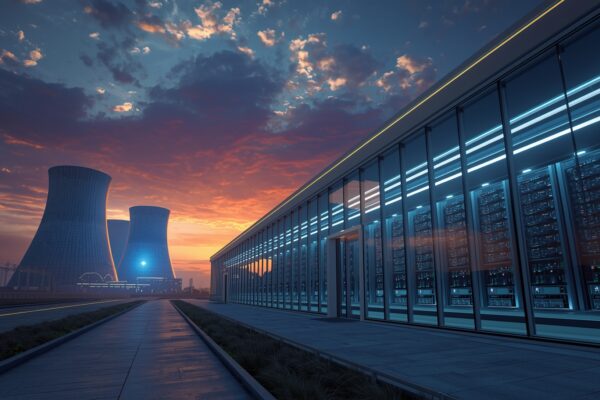 Futuristic nuclear power plant with cooling towers next to a modern AI data center at sunset