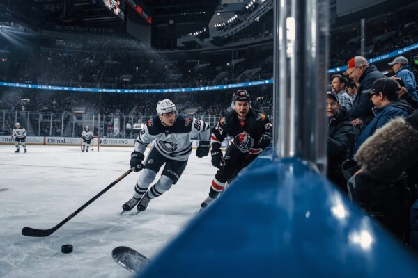 NHL playoff hockey scene at the boards of a modern arena — Sabres at Bruins Game 3 preview